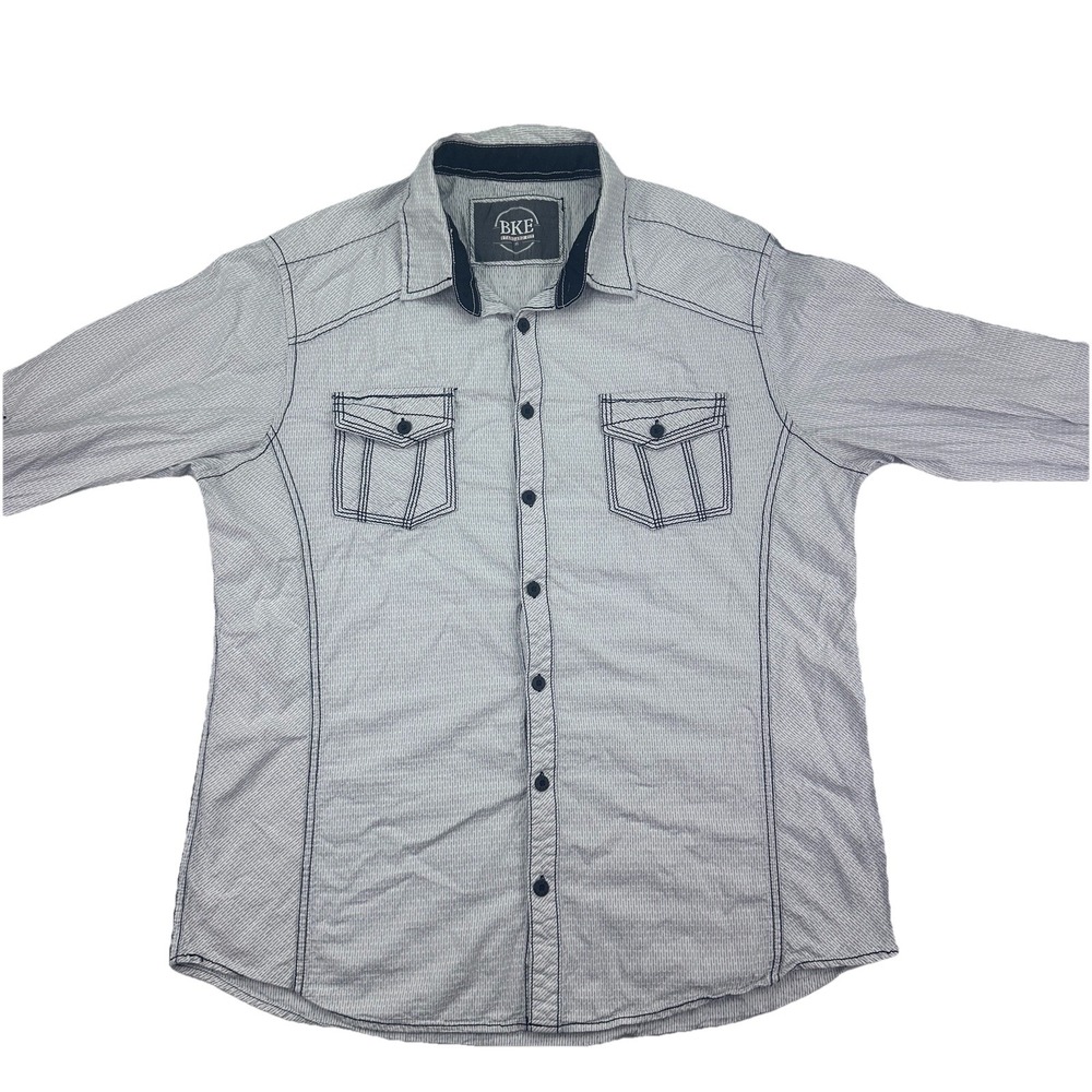 BKE Men Button Up Shirt XL Standard Fit White Black Stitch Bold Black Cuffs
